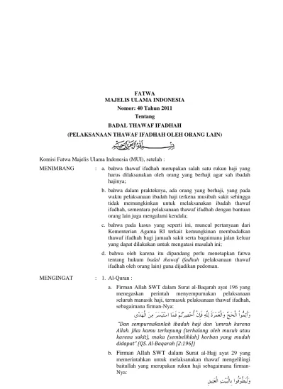 FATWA MAJELIS ULAMA INDONESIA Nomor: 40 Tahun 2011 Tentang BADAL THAWAF ...