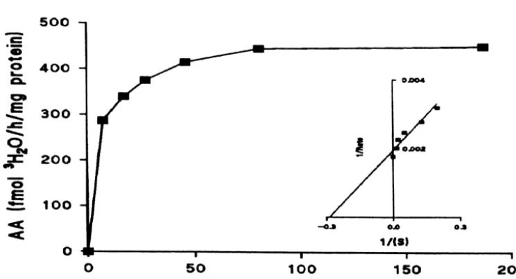 Fig. 5. Competitive inhibition of AA in the microsomes of the femalefrog (Rana esculenta) hypothalmus by 1,4,6-androstatriene-3,17-dione(ATD) at 30 and 300 nM