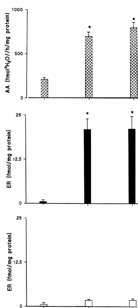 Fig. 7. Aromatase activity (A) and3meansH-estradiol binding levels in thecytosol (B) and nuclear (C) extracts of the female frog (Rana esculenta)hypothalamus during each period of the reproductive cycle (prebreeding,breeding, recovery)
