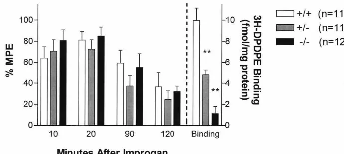 Fig. 2. Improgan antinociception (% MPE, mean3three genotypes of DOR-1 knockout mice. Subjects (pooled sexes, not different from each other,responses, received improgan (30Following the last test, the animals were re-anesthetized, injected with India Ink t