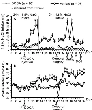 Fig. 4. (A) Daily 1.8% NaCl intake during 24 h (ﬁrst 12 days) and during 2 h (starting on the 13th day), and (B) daily water intake (during 24 h) in ratsthat received s.c