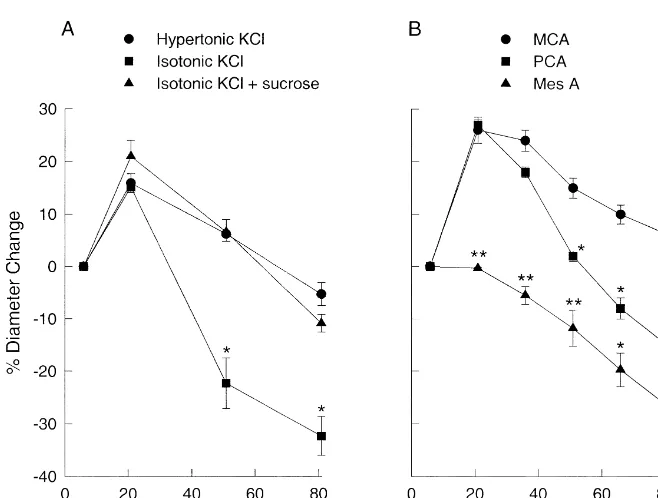Fig. 1. (A) Concentration–response curves in the rat MCA to hypertonic KCl (K), isotonic KCl (Kdiameter is expressed as a percent of the resting diameter