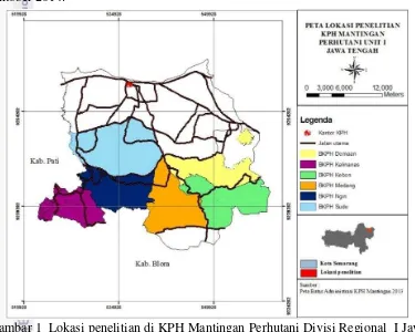 Gambar 1  Lokasi penelitian di KPH Mantingan Perhutani Divisi Regional  I Jawa 