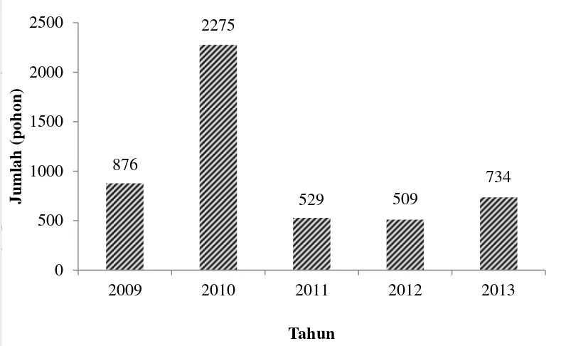 Gambar 2 Jumlah pencurian kayu di KPH Mantingan tahun 200     2013 