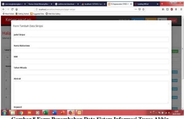 Gambar 8.Form Penambahan Data Sistem Informasi Tugas Akhir  Pada  gambar  ini,  akan  muncul  pop-upbox  yang  berisikan  form  penambahan  data  skripsi  mahasiswa