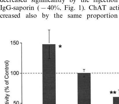 Fig. 1. ChAT activity expressed as percent of control (nhomogenates of medial septal area of animals that receivedintraventricular injections of either rhNGF or 192 IgG-saporinand were allowed to survive 14–20 days following injections.Each value represent