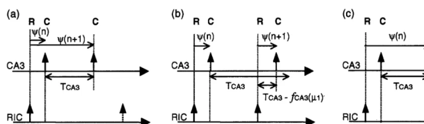 Fig. 6. Patterns observed in the output sequence of the CA3-RIC system. Vertical arrows represent the events (ﬁrings or burstings)of the module