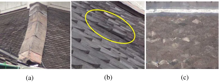 Gambar 6   Bentuk kerusakan komponen reng dan kaso: (a) perubahan warna kayu; (b) seragan jamur pelapuk; (c) tunel serangga 
