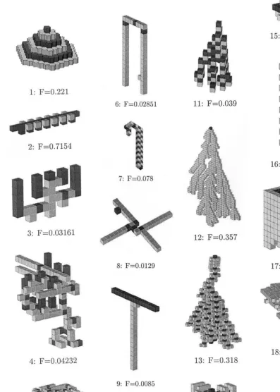 Fig. 9. Sample of patterns used for the test of the ﬁtness function. This ﬁgure shows 29 patterns or architectures and their associatedﬁtness (F)