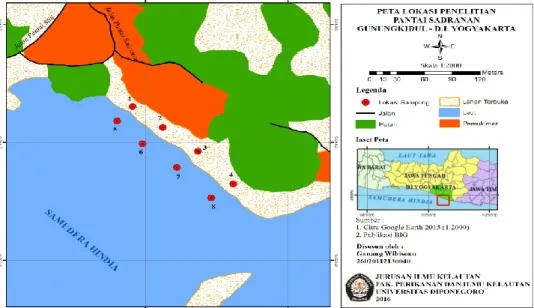Gambar 1. Peta  Lokasi  Penelitian  Studi  Kesesuaian  Wisata  Pantai  Sadranan  Kabupaten  Gunungkidul  Yogyakarta  dan  Potensi  Pengembangannya  sebagai  Kawasan  Wisata  Bahari 