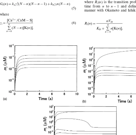 Fig. 2. Time courses of mi(i=1,…,5) numerically calculated for different CCaM’s. a, CCaM=10 �M; b, CCaM=30 �M; c,CCaM=50 �M