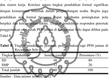 Tabel 8. Tabel 8. Tingkat pendidikan peternak penggemukan sapi PFH jantan di 