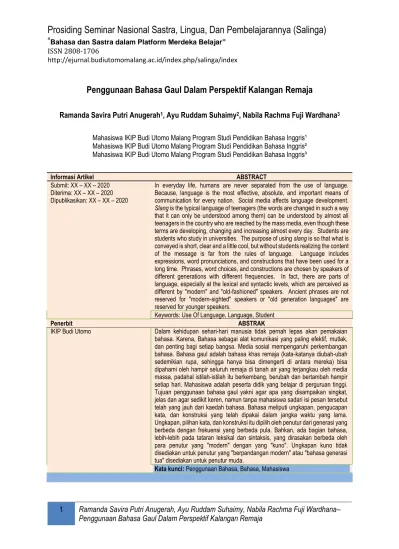 View Of Penggunaan Bahasa Gaul Dalam Perspektif Kalangan Remaja