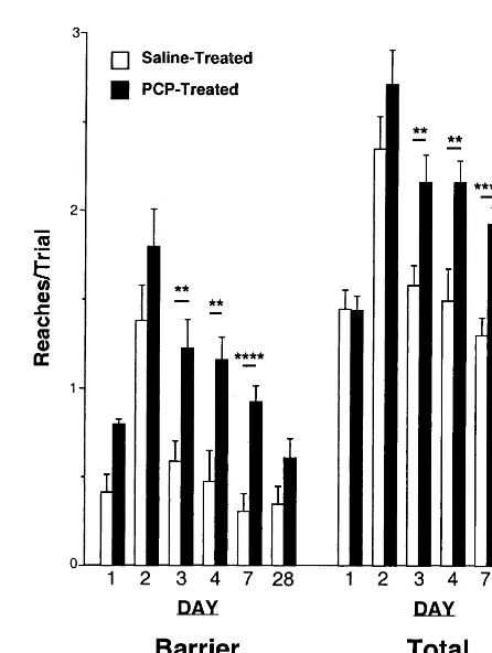 Figure 2. Monkeys treated with phencyclidine (PCP) exhibitedmore barrier reaching and delivered more reaches per trial onaverage than control subjects on days 3, 4, and 7 of testing