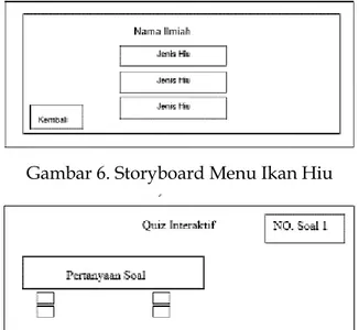 Gambar 7. Storyboard Menu Quiz Interaktif  Pada  tampilan  gambar  6  dan  7  digambarkan  storyboard  menu  pilih  ikan  Hiu  dimana  saat  dalam  menu  tersebut  terdapat  tampilan  jenis  hewan  dan  penjelasannya