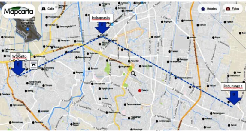 Gambar 2. Lokasi penempatan spesimen di Semarang tengah :(D)Pedurungan,   (E) Jl. Indraprasta, (F) Wologito 