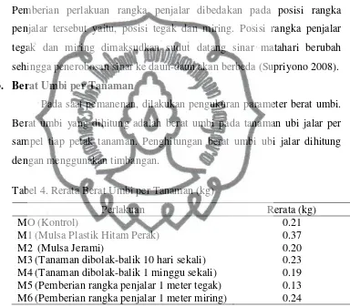 Tabel 4. Rerata Berat Umbi per Tanaman (kg) 