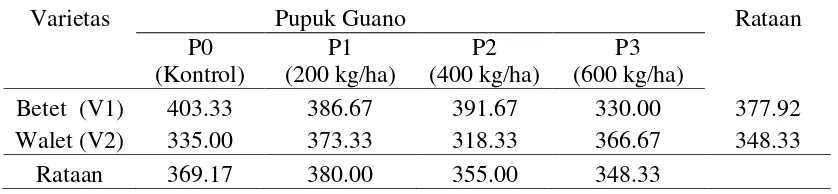 Tabel 8. Rataan produksi biji per plot (g) kacang hijau pada perlakuan jenis varietas dan pupuk guano 