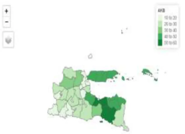 Gambar  1  menjelaskan  persebaran  dari  Angka  Kematian  Bayi  menurut  kabupaten  dan  kota  di  Jawa  Timur