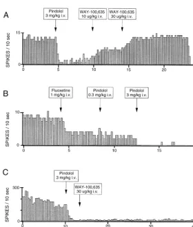 Figure 1. Rate histograms showing (A)tion of a spontaneously firing serotonergic dorsalraphe neuron by intravenous administration of pin-dolol and its reversal by subsequent doses of theserotonin (5-HT the inhibi-1A) antagonist WAY-100,635, (B)the inability of pindolol to block the suppressanteffects of fluoxetine on a spontaneously firingserotonergic dorsal raphe neuron when given at asubthreshold dose (0.3 mg/kg IV) and one near themean inhibitory dose value (3 mg/kg IV), and (C)the inhibitory effect of pindolol on the firing rate ofa single unit in the CA3 hippocampal pyramidalcell layer and failed rescue by the 5-HT1A antago-nist WAY-100,635.