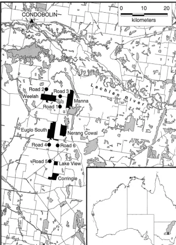Fig. 1. Map of the study area. The inset shows the location of the area in the central wheat belt (shaded).The state forests are: Weelah, Manna, Euglo South, Nerang Cowal, Lake View and Corringle