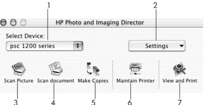 Gambar berikut menunjukkan sebagian fitur yang tersedia melalui HP Photo and  Imaging Director [Pengarah Foto dan Pencitraan HP] untuk Macintosh