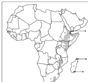 Fig. 4. The geographical distribution of species containing aloin/aloinoside/microdontin as major an-thrones