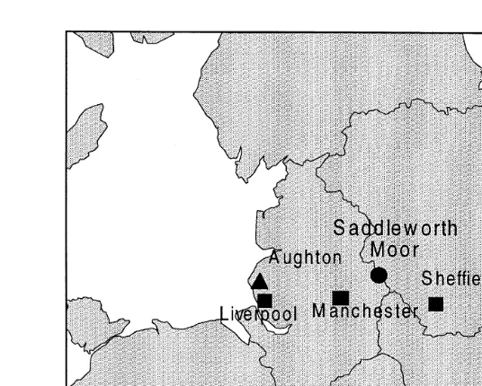 Fig. 1. Map of northern England showing the position of Saddleworth Moor, regional boundaries, major citiesand the radio-sonde launch site at Aughton.