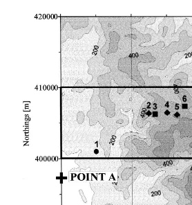 Fig. 2. Contour map showing position of collector sites on Saddleworth Moor. Band cloud collector;, Rain collector only; l, rain ', rain and cloud collector and AWS; and v, rain collector and AWS.