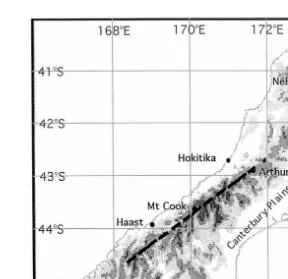 Fig. 1. South Island topography. The dashed line is the base from which the distances in Fig