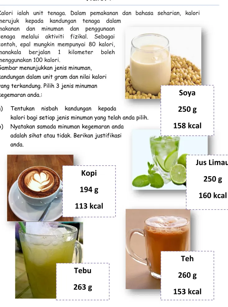 Gambar menunjukkan jenis minuman,  kandungan dalam unit gram dan nilai kalori  yang terkandung