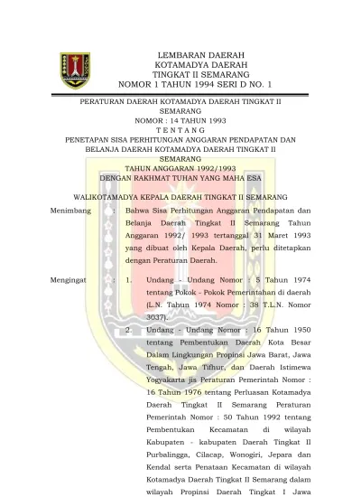 LEMBARAN DAERAH KOTAMADYA DAERAH TINGKAT II SEMARANG NOMOR 1 TAHUN 1994 ...