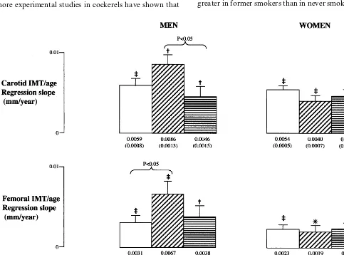 Fig. 2. Slopes of the intima-media thickness (IMT)/�age relationship with S.E. by smoking status, by site and by gender