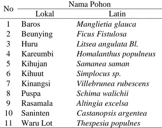 Tabel  3  menunjukkan  bahwa  komposisi  tanaman pada hutan alam primer terdiri 11 spesies   pohon  yaitu  Baros,  Beunying,  Huru,  Kareumbi,  Kihujan,  Kihuut,  Kinangsi,  Puspa,  Rasamala,  Saninten dan Waru lot