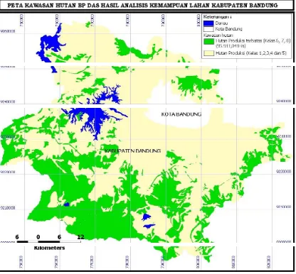 Gambar 2. Peta Hasil Analisis Spasial Kawasan Hutan Berdasarkan Kemampuan LahanBPDAS di Kabupaten Bandung dalam Format Perangkat Lunak Acrview