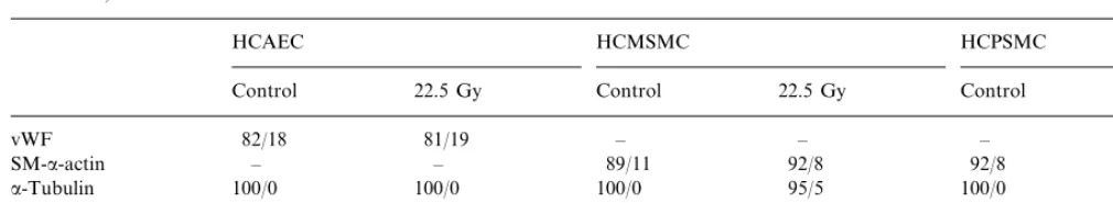 Table 2Effect of irradation with rhenium-188 to the cytoskeletal structures of smooth muscle-�-actin, vimentin, �-tubulin, and the von vWF in HCPSMC,