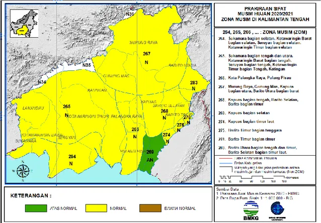 Gambar 3. Peta Prakiraan sifat musim hujan 2020/2021 ZOM di Kalimantan Tengah  
