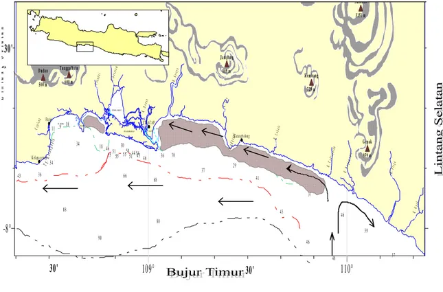 Gambar 6.  Arus pada Musim Timur       Keterangan :   isodepth  5 m   isodepth  10 m  isodepth 20 m  isodepth  50 m  isodepth  200 m __
