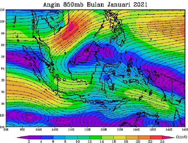 Gambar 6.  Rata-Rata Angin Lapisan 850 mb di Wilayah Indonesia Bulan Januari 2021  (Sumber: https://extreme.kishou.go.jp/itacs5/, JMA, 2021) 