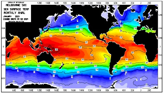 Gambar 7. Analisis Rata-Rata Suhu Muka Laut Bulan Januari 2021  (Sumber: http://www.bom.gov.au, BOM, 2021) 