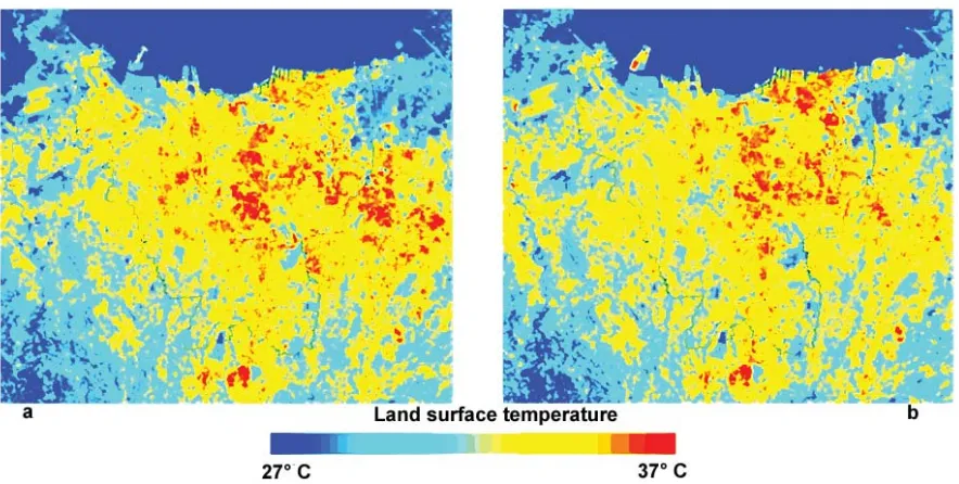 Figure 7. The land surface temperature (in °C) of Jakarta city in the last 30 years in the dry season (a) and in the �����������������������������������������������������������������������������������������