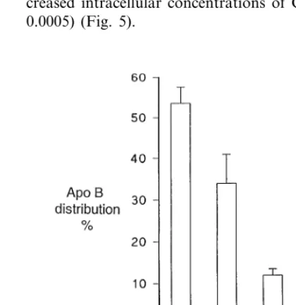 Fig. 2. Apolipoprotein B (apo B) distribution in lipoproteins isolated by discontinuous gradient ultracentrifugation from the culture medium fromHep G2 cells incubated for 24 h in the presence and absence of oleate 0.4 mM