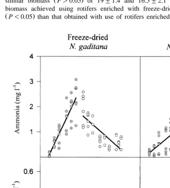 Fig. 3. Ammonia and nitrite concentration in tanks with seabream larvae receiving freeze-dried left columnŽ.and live right columnŽ.N