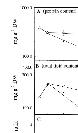 Fig. 3. Total lipid A and protein content BŽ .Ž . Žmg gy1DW and protein.rlipid ratio C in newly hatchedŽ 