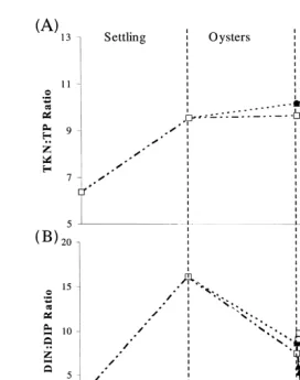 Fig. 9. Changes in water column total NrP ratio A and dissolved inorganic nitrogen: dissolved inorganicŽ .phosphorus ratio; B of shrimp pond effluent from sedimentation, oyster filtration and macroalgal absorption.Ž .Standard error bars have been plotted, but are too small to be visible.