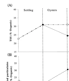 Fig. 4. Changes in the organic content of the A TSS and B settled particles in the shrimp pond effluentŽ .Ž .from sedimentation, oyster filtration and macroalgal absorption