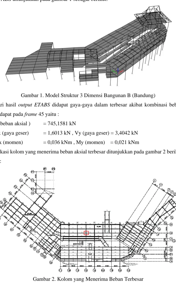 Gambar model struktur 3 dimensi bangunan B (Bandung) dalam program komputer  ETABS ditunjukkan pada gambar 1 sebagai berikut: 