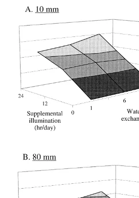 Fig. 7. Estimated maximum Winter stocking densities of 10 mmŽ .illumination 0, 12, or 24 h dŽ .Aand 80 mmBabalone per 110-lco-culture tank as a function of water volume exchange rate 1, 6, or 35 dŽy1.and level of supplementalŽy1.