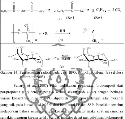 Gambar 14. Pembentukan radikal pada : (a) BPO; (b) polipropilena; (c) selulosa 