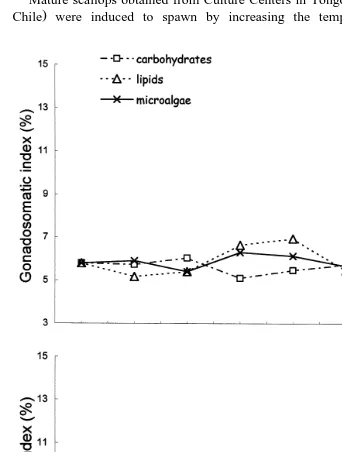 Fig. 1. Gonadosomatic indexes of A. purpuratus broodstock during conditioning with different diets at 168Cand 208C